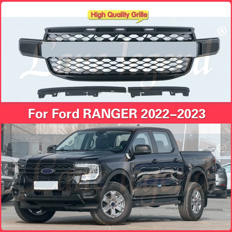 For Ford Ranger 2022-2023 Raptor Style Front Grille With Yellow Light Bracket Matte Black Car Accessories Exterior Accessories