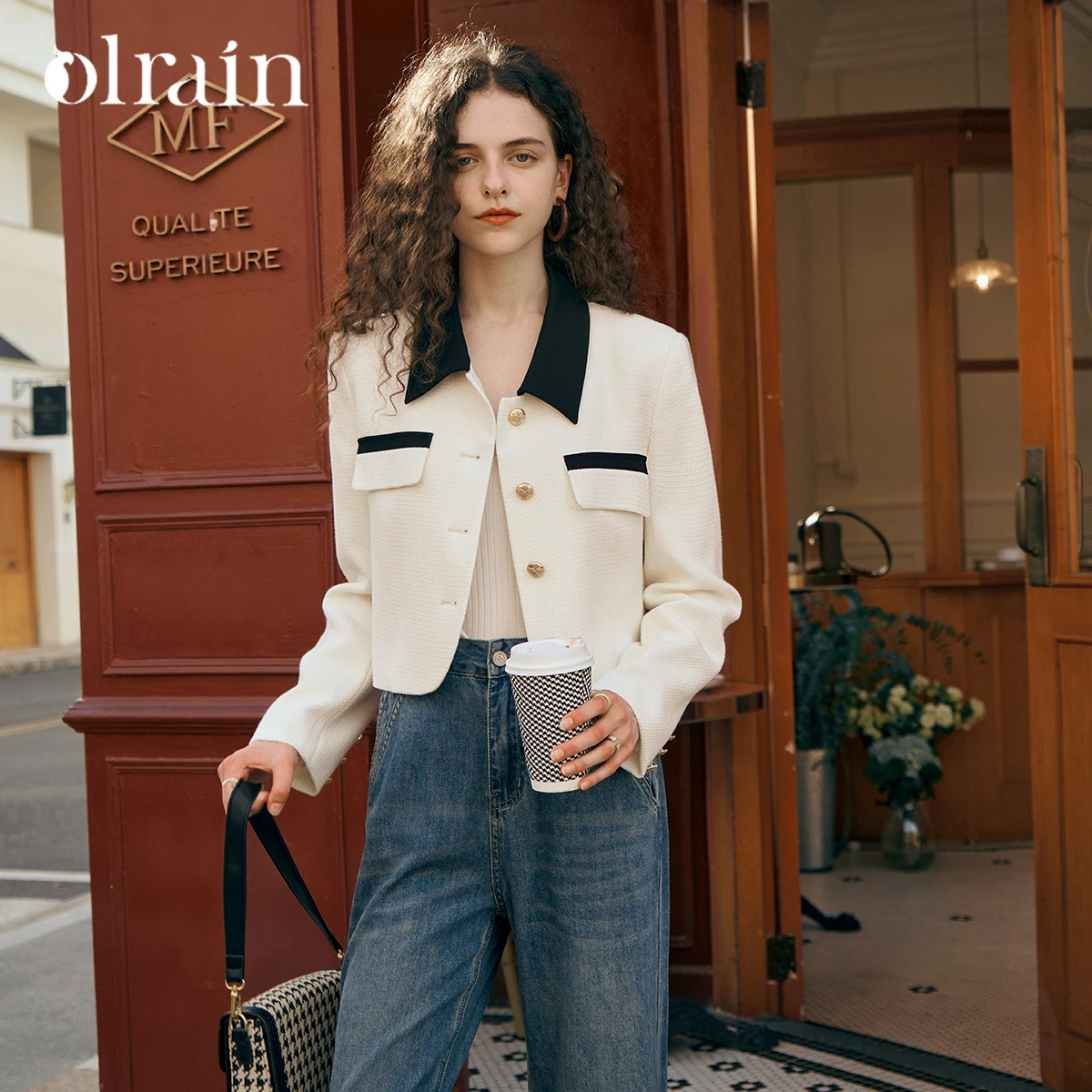 

OLrain Elegant Short Jackets for Woman Contrasting Color Turn-down Collar Coats 2025 Autumn Commute Long Sleeve Tops O57QW85581