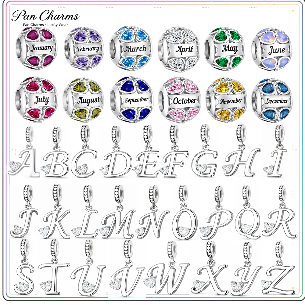 Pan Charms 12 Month Birthstone Alphabet Letter DIY Name Beads Fit Original Bracelet Jewelry Gift For Her Birthday/Anniversary