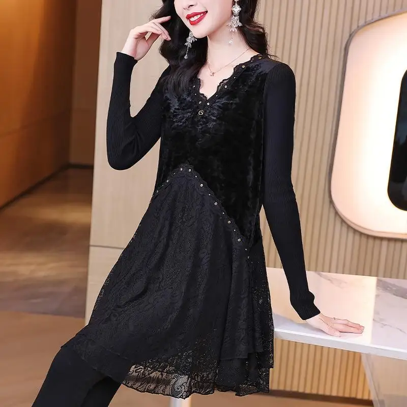 Lace Splicing Fake Two-piece Dress Female 2023 Autumn And Winter New Loose Fashion Foreign Long Paragraph Velvet Blouse