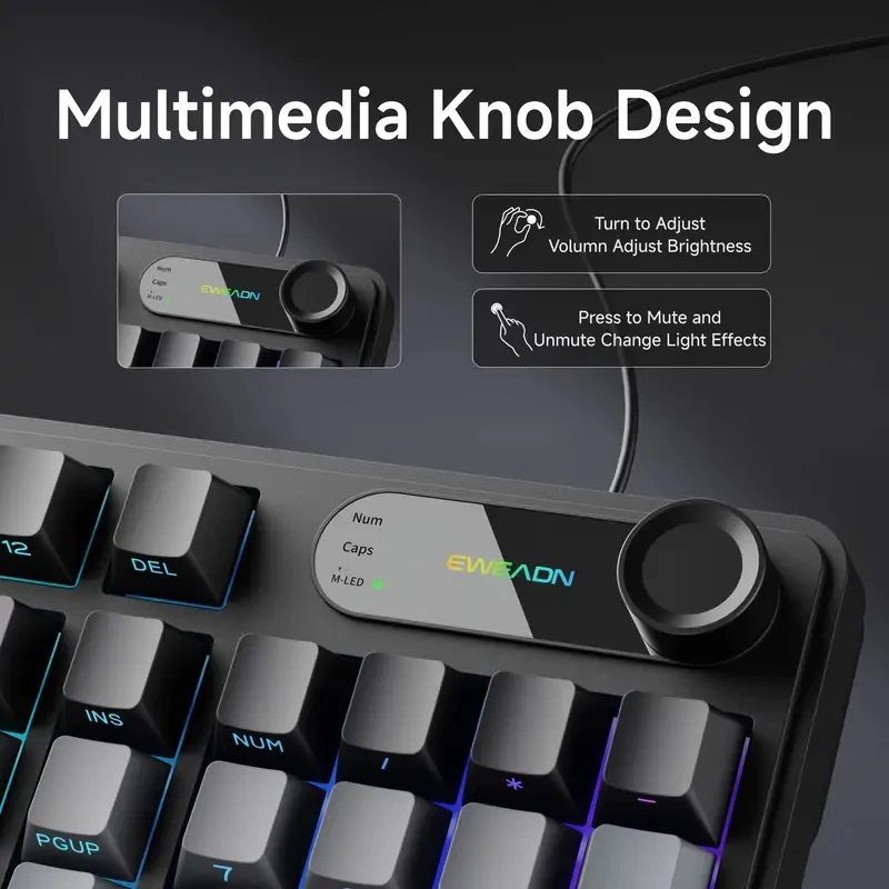 

EWEADN V102 Wired Gaming Keyboard 99Key Silent RGB Backlit with Smart Display Knob Ergonomic USB-Powered Computer Keyboard