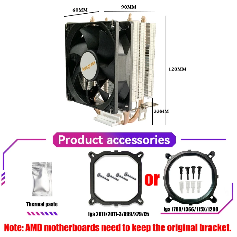 2 Heat Pipes Efficient CPU Air Cooler PC Processor  Cooling fan For Intel LGA 1155 1366 1700 2011 X79 X99 AMD AM4 AM3 Ventilador