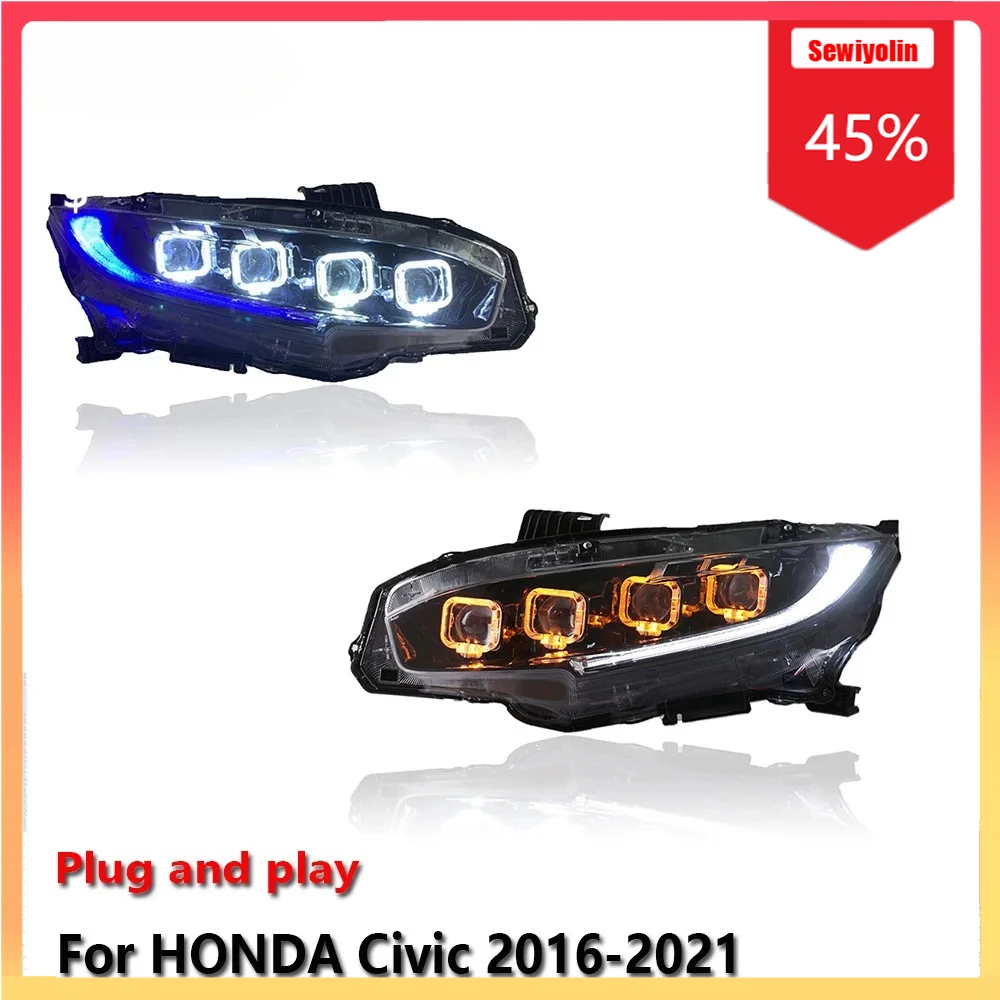 

Автомобильные светодиодные фары, автомобильные детали для HONDA Civic 2016-2021, противотуманные фары DRL, стоп-сигнал поворота, лампа Plug and Play
