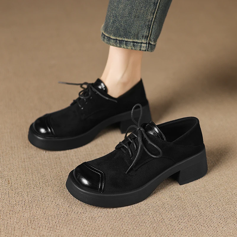 NEW Autumn/Spring Platform Women Loafers Microfiber Women Shoes  Round Toe High Heel Casual Soft Lace-up Oxford Women Pumps
