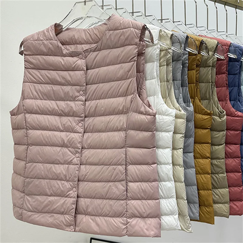 Otoño Invierno ultraligero pato blanco abajo chaleco abrigo mujer cálido abajo chaqueta femenina talla grande sin mangas corto Parkas