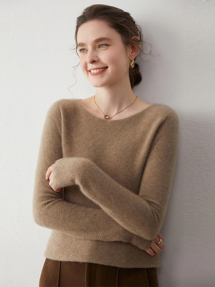 Grace Womens Sweater Pullover 100% Cashmere Sweater Autumn Winter Clothes Fashion Fish Bone Pattern Boat Neck Warm Soft Pullover