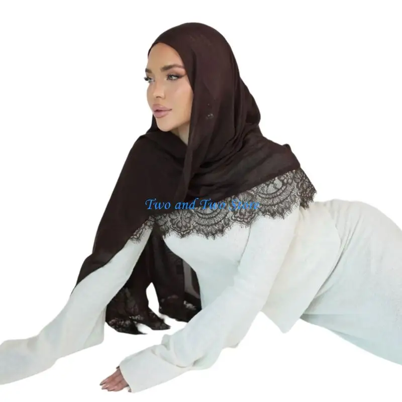 HX6F Long Hijab Scarf Lace Embellished Rayon Blend Headscarf For Fashionable Outfits