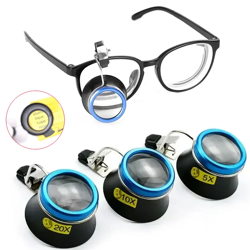 5X 10X 20X 안경 돋보기 클립 온 아이 루페 돋보기 렌즈 휴대용 접안 렌즈 프로세스 작동 시계 제조 업체 수리 도구