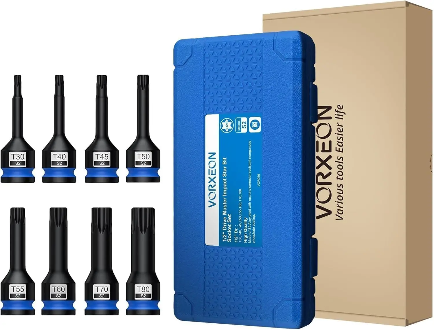 VORXEON Juego de llaves de tubo Torx de 8 piezas de 1/2 pulgadas T30 T40 T45 T50 T55 T60 T70 T80 S2 con caja de almacenamiento