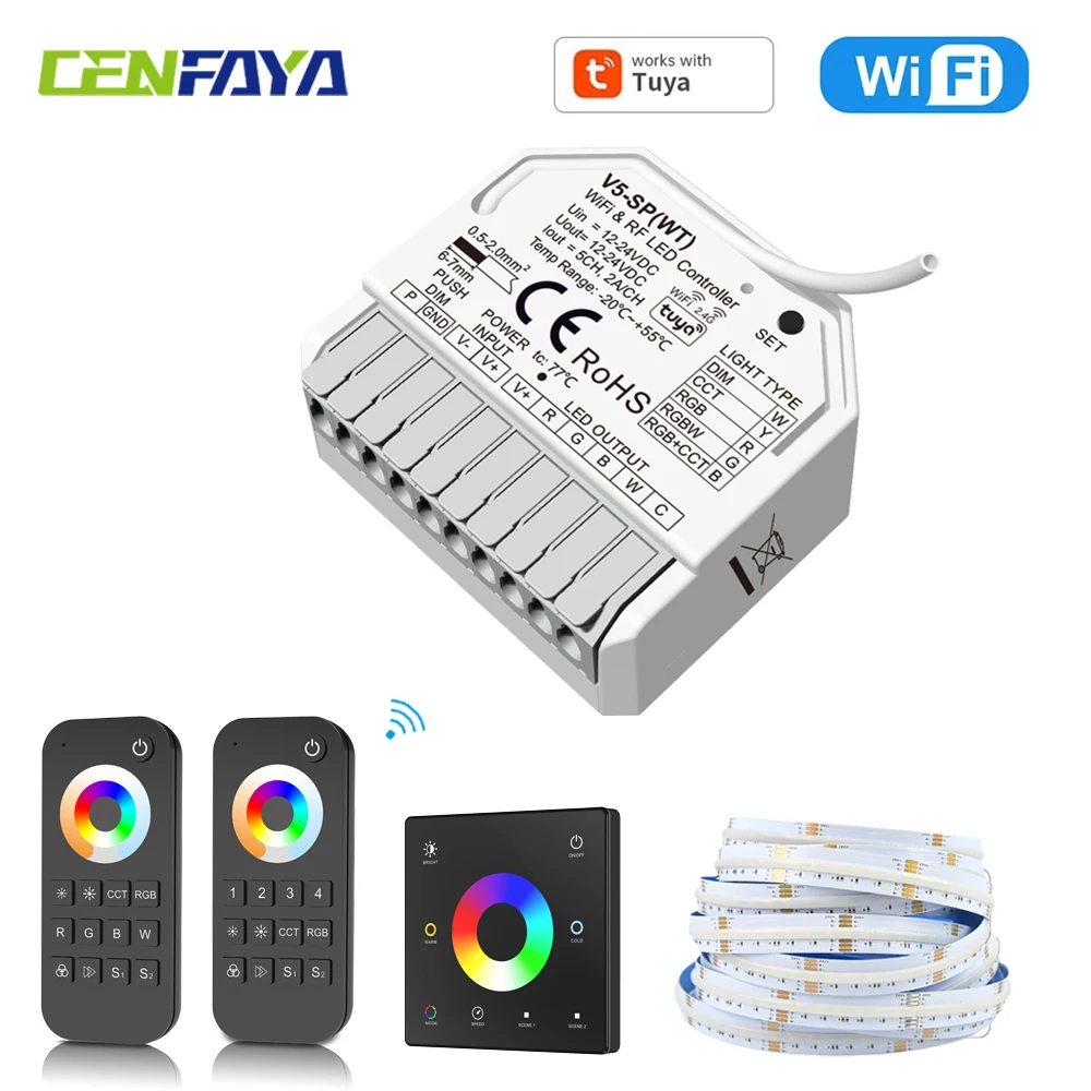 Tuya WiFi 5CH LED Controller 24V COB RGB+CCT Strip 2.4G RF Touch Panel Color Change Remote fr Alexa Google Assistant SmartThings