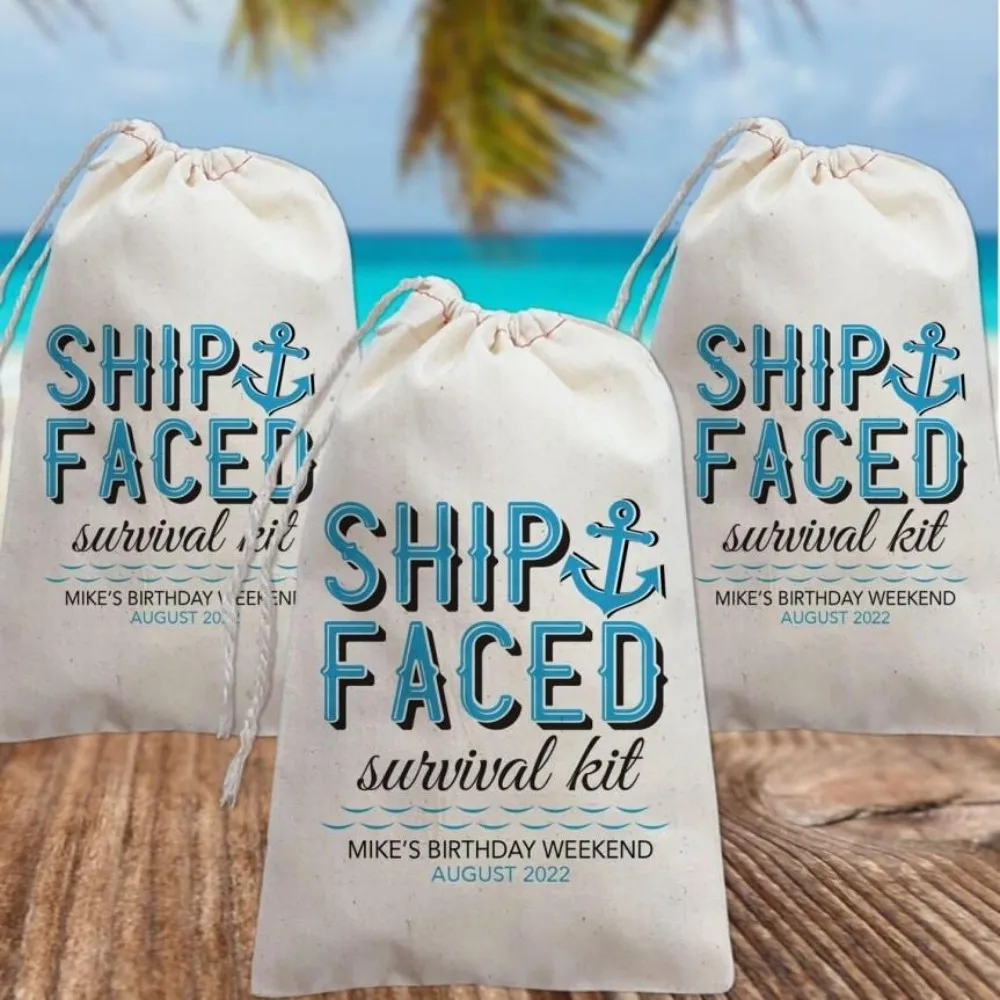 25 pcs Custom Ship Faced Hangover Kit Bags - Nautical Party Favors - Cruise Vacation, Boat Bachelorette or Bachelor Party