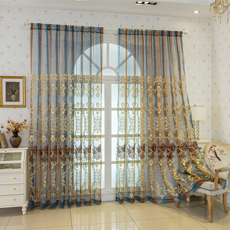 

Vintage European Peony American Embroidery Flower Window Screen Bedroom Living Room Balcony Bay Curtain Transparent Curtain