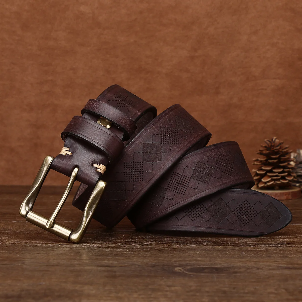 حزام سميك من الجلد الطبيعي للرجال، حزام منقوش بالليزر عصري وعصري، حزام عريض من جلد البقر النقي 3.8 سم