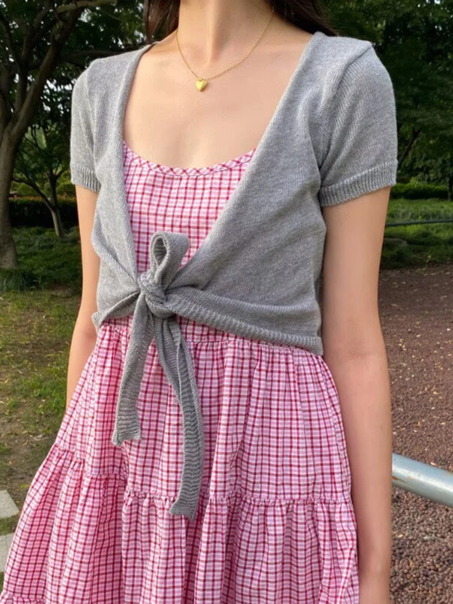 Lace-up Gray Wrap Knitted Crop Top Woman Summer Cotton V-neck Short Sleeve Cropped Smock Casual Simple All-match Knitwears New