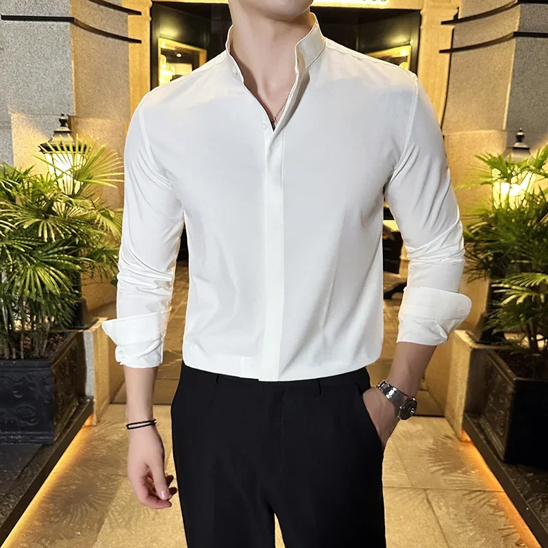 British Style Stand Collar Formal Long Sleeve Shirt Men Clothing Business Casual Camisas Slim Fit Men Dress Shirts Black Z371