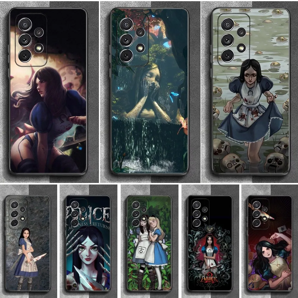 Alice M-Madness R-Returns-s Phone Case For Samsung S24,23,22,30,21,10,9,Ultra,Plus,Lite,FE,Soft Silicone Black Cover