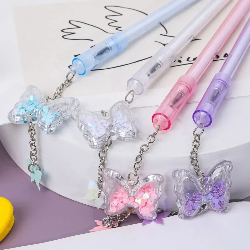 10Pcs/Lot Kawaii Butterfly Pendant Gel Pen 0.5mm Black Ink Smooth Writing Cute Sequin Neutral Pens Kids School Office Stationery