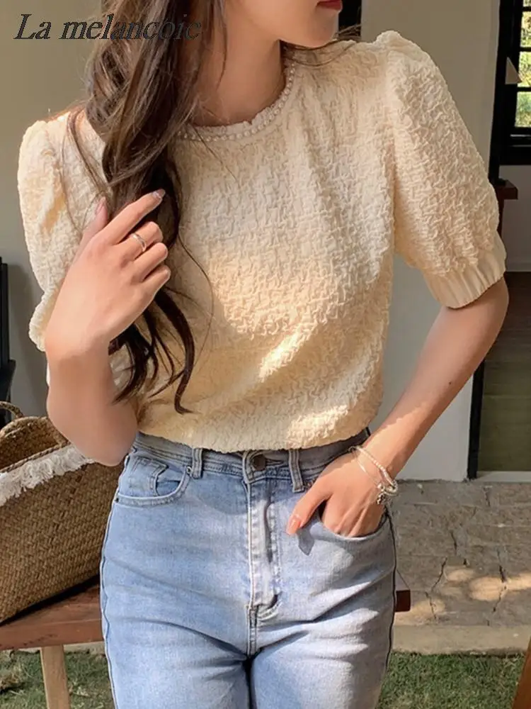 

Bubble Sleeve T-Shirt For Women Summer 2024 New Fashion Casual Pearl Lace Splicing Loose T-Shirt Solid Korean Elegant Chic Tops