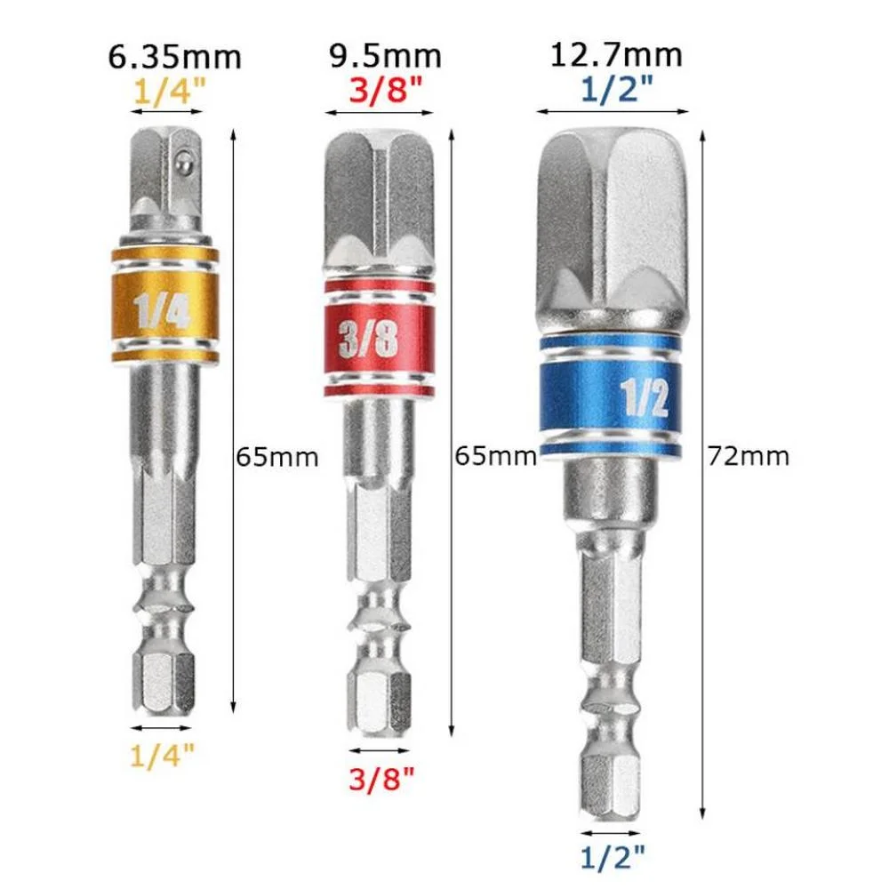 Drill Socket Adapter Converter For Impact Driver With Hex Shank To Square Socket Drill Bits Bar Extension Set 1/2 3/8 1/4 Size