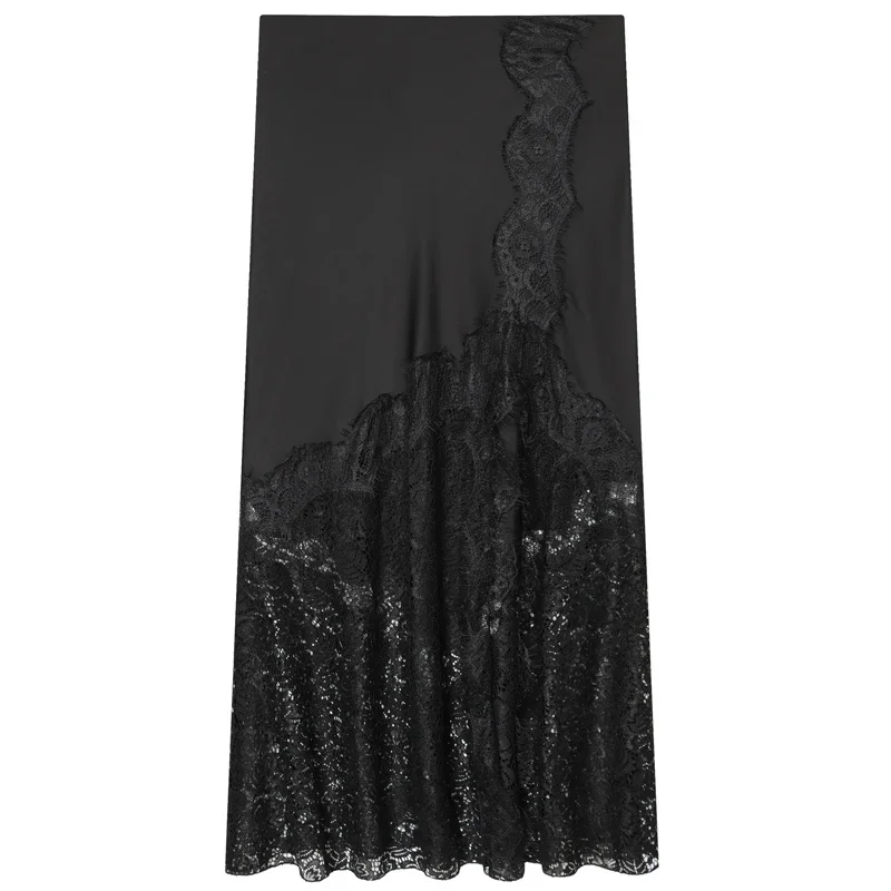 HXAO Lace Female Skirt Satin Black Long Skirt Women Elegant Evening Night Skirts For Woman Slit Sexy Party Women's Skirt