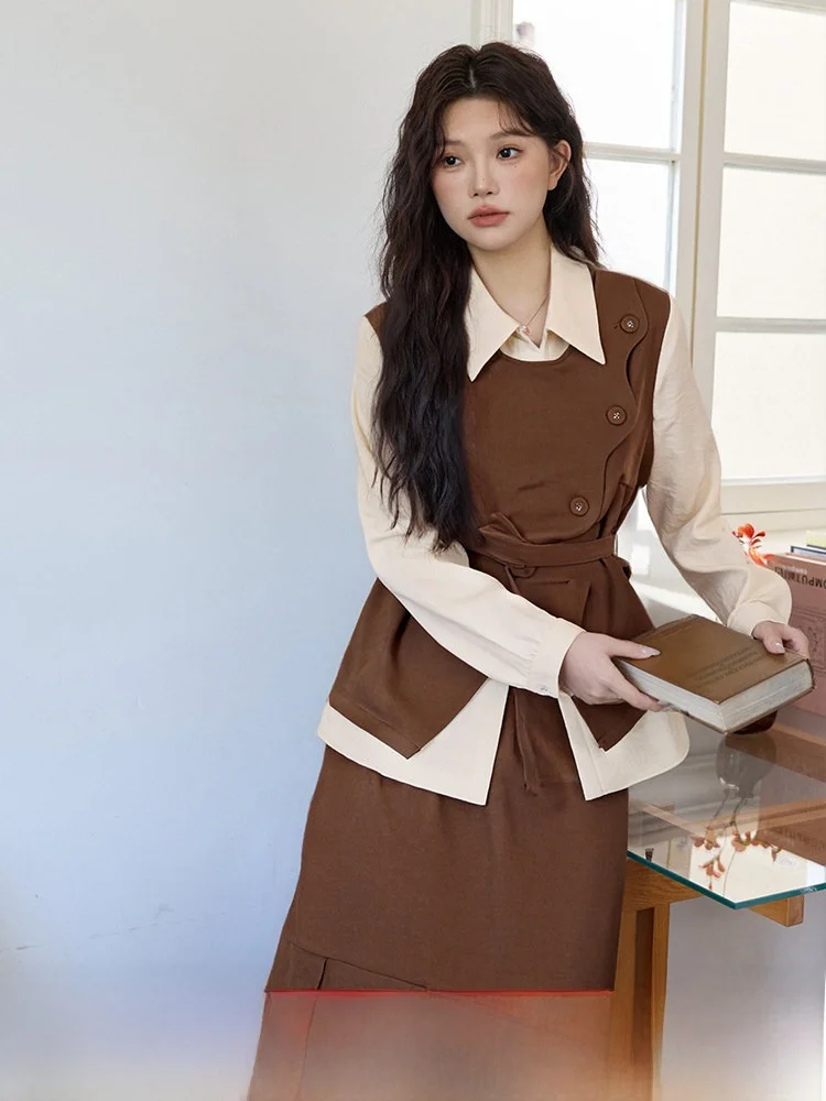 

Осень 2023, новый винтажный женский комплект больших размеров для похудения тона, цветной топ и юбка f, комплект Ele Commute Sle