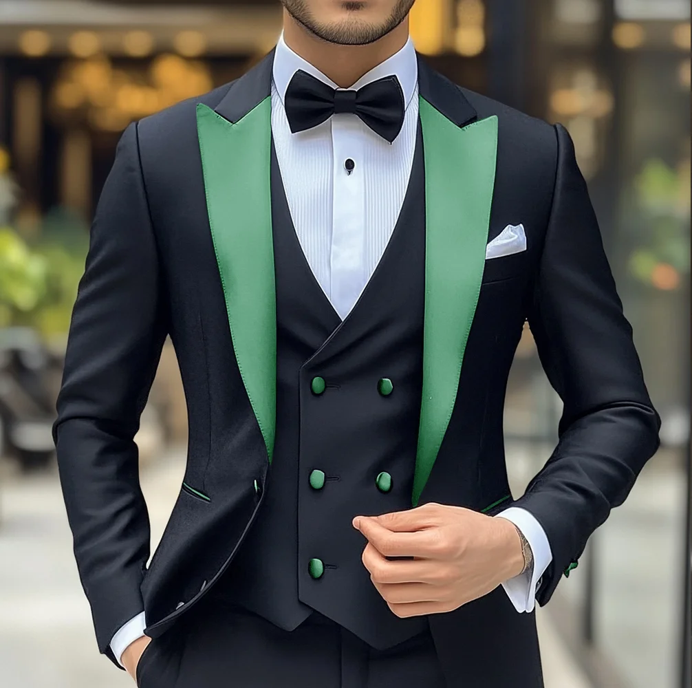 Groom Wedding Tuxedo 3-piece Suit Men's Black Suit Jacket Pants Vest Formal Peak Lapel Blazer Slim Fit Outfit
