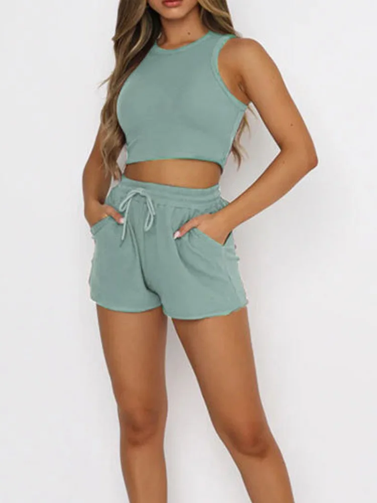

Womens Two Piece Set 2026 Summer Fashion Slim Racerback Sleeveless Crop Top and Drawstring Shorts Pockets Daily Workout Outfit