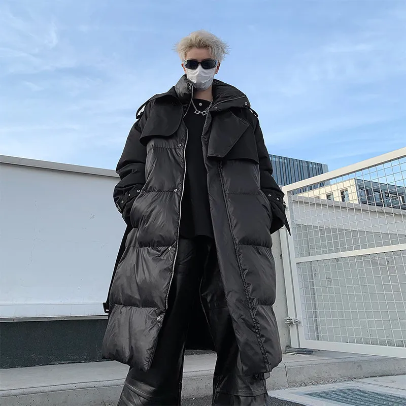 

Утепленное длинное мужское хлопковое пальто ниже колена в уличном стиле с дизайнерскими вставками, теплое, молодежное, повседневное, на молнии