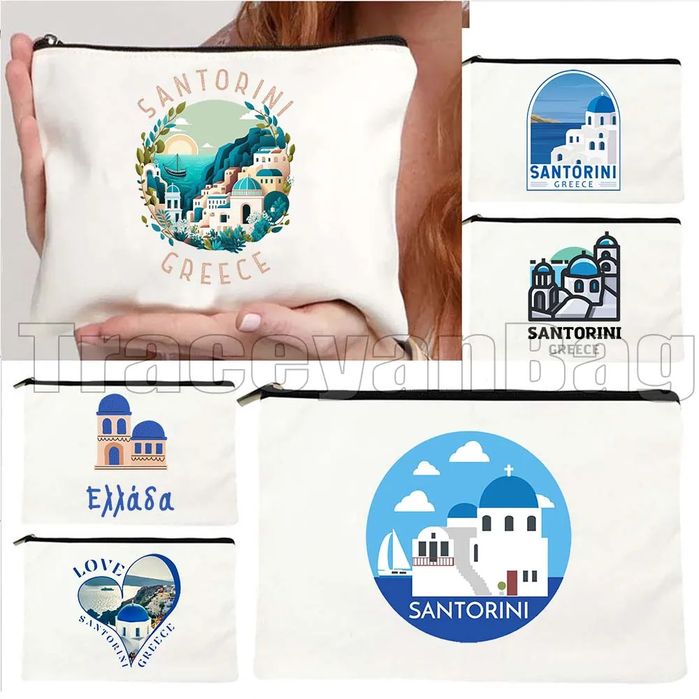

Athens Greece Santorini Oia Island Love Heart Landscape Travel Art Cute Gift Canvas Cosmetic Makeup Toilet Bag Pencil Case Pouch