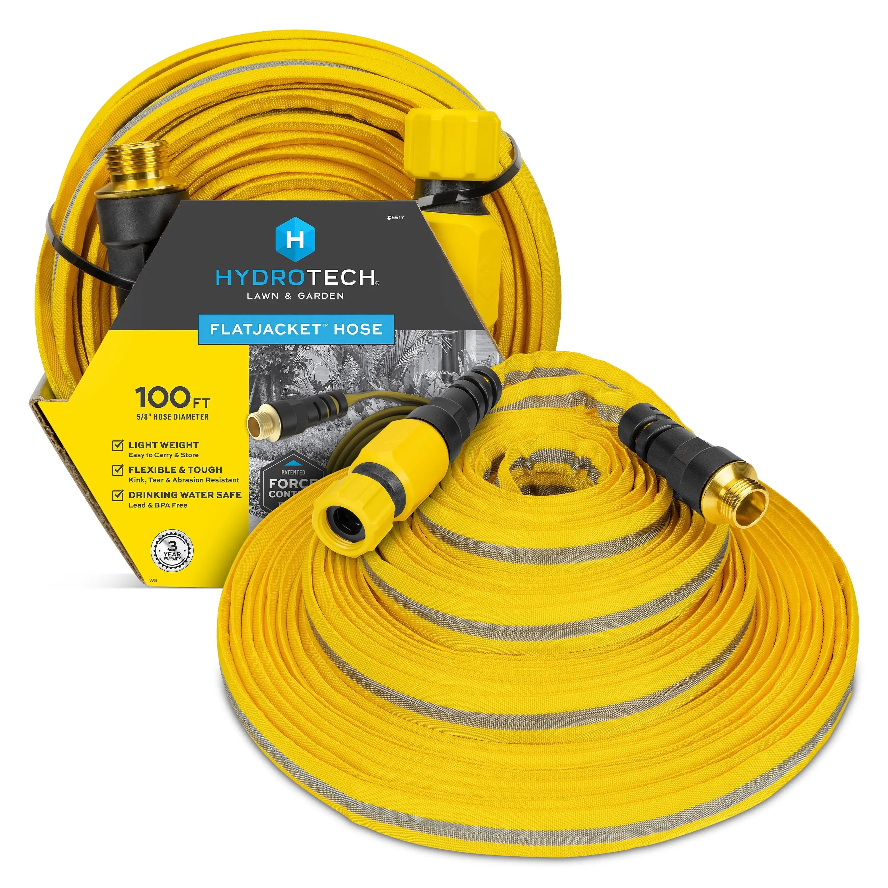 

Flat Jacket 5/8 inch by 100 foot flexible garden hose—kink free lightweight burst resistant