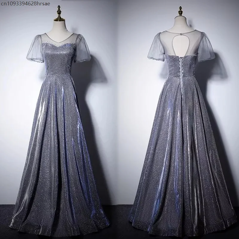 

Goddess Cosplay Elegant Short Sleeved Evening Party Dress Silver Host Banquet Vocal Art Exam Female Masquerade Outfit