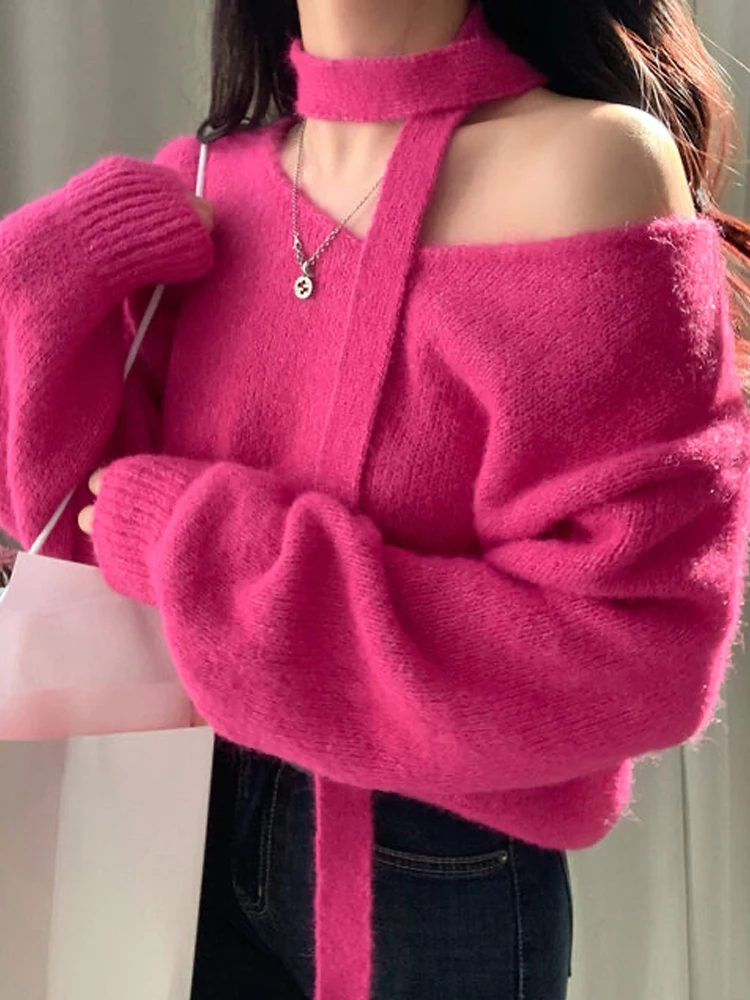 

Ele V-Ne oulder-Baring Sweater Women's Korean Sle Loose Long Sve Knitwear Top Faionable Casual Comfortable