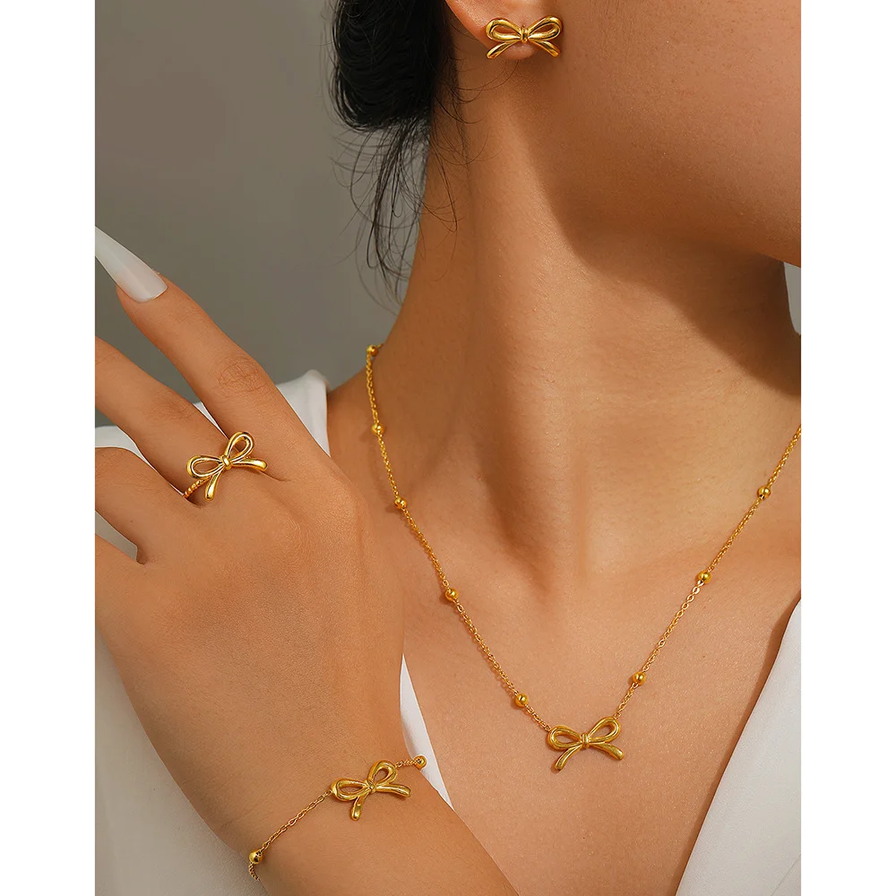 

Boho Bow Ring, Stud Earrings, Bracelet and Necklace Set, Waterproof and Fadeproof, Women's Jewelry, Wedding Party Favors