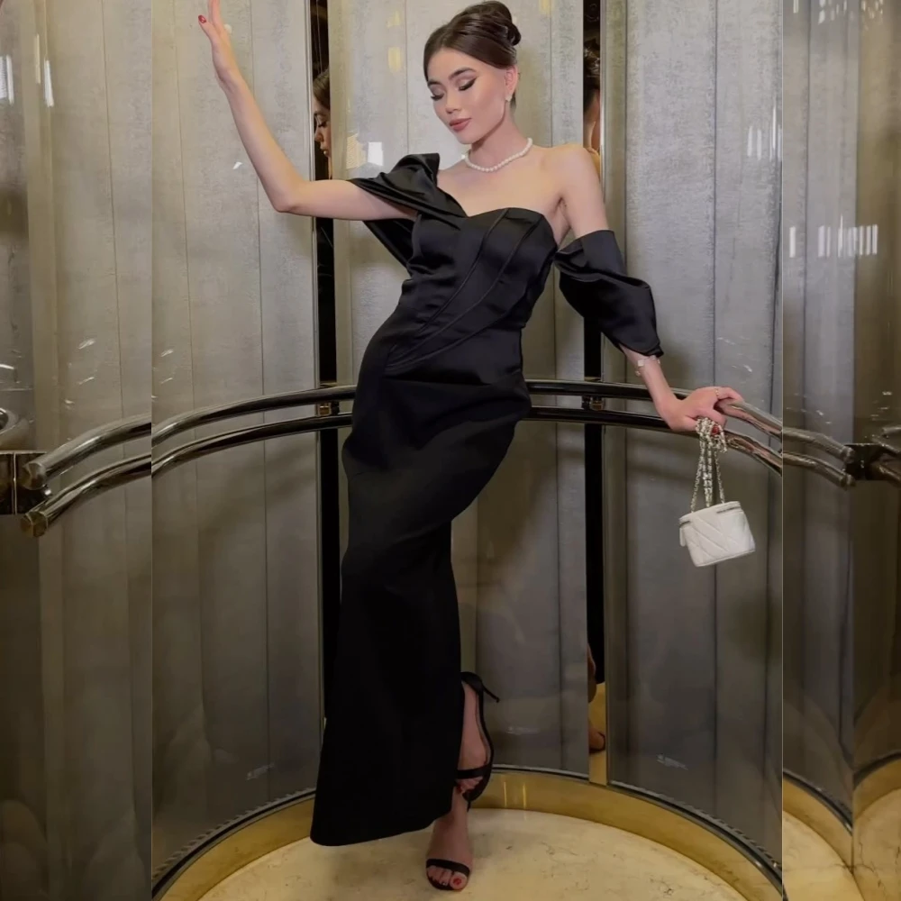 

Customized Classic Satin Draped Ruffle Sheath Off-the-shoulder Sweetheart Midi Dresses Cocktail Dresses Exquisite Modern Style