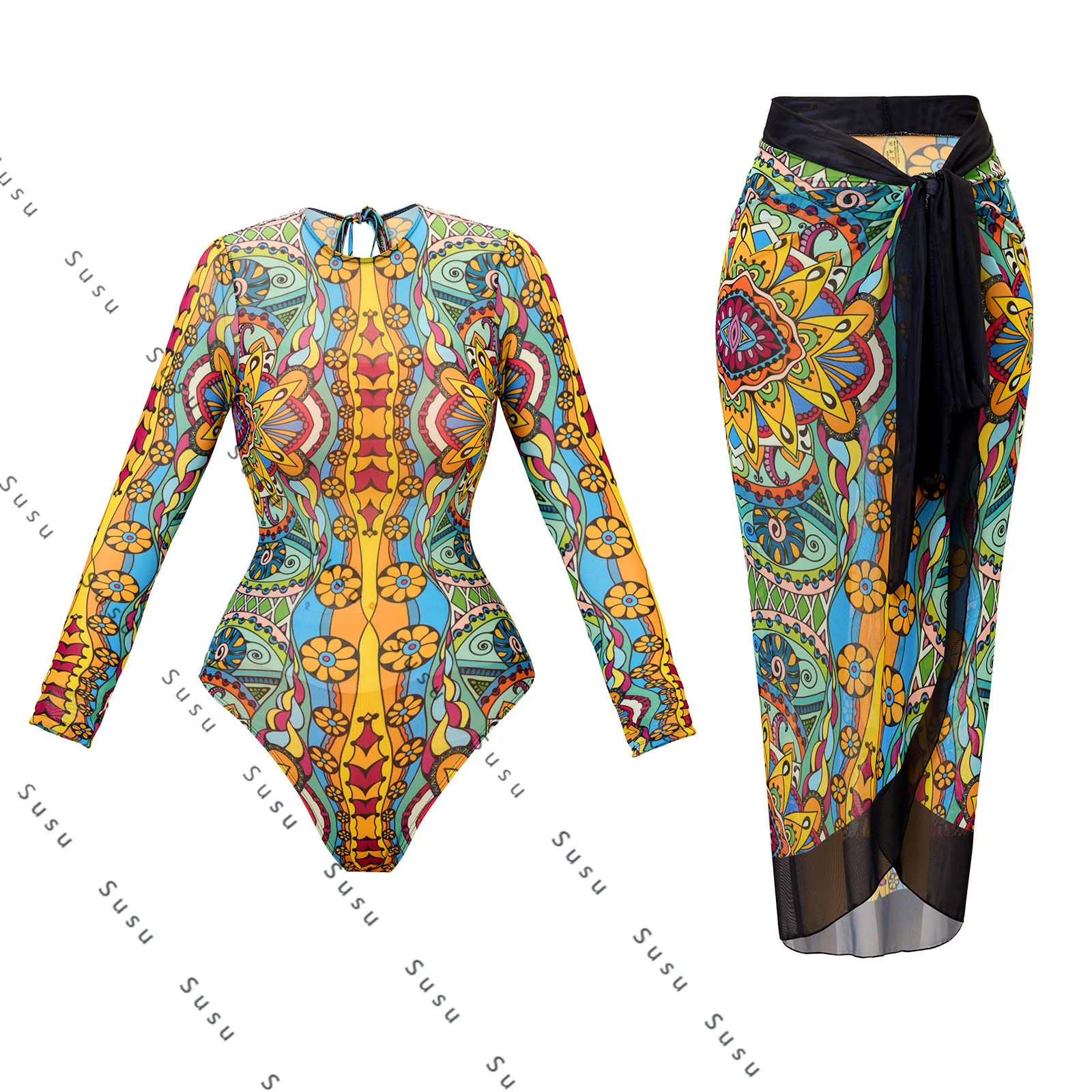 

Русский купальник 2021, женский Купальник, европейский и американский солнцезащитный купальник с длинными рукавами, пляжная юбка, новый комплект