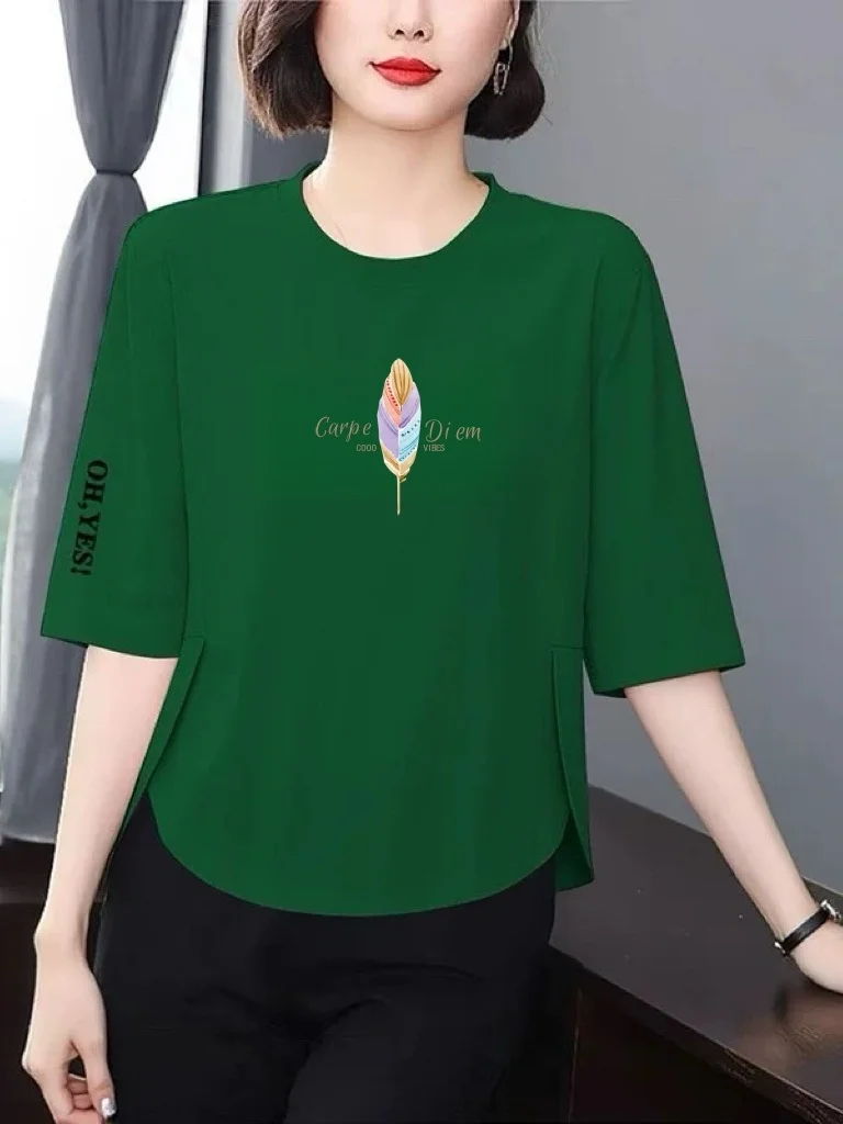 

Женская футболка свободного кроя в корейском стиле с принтом, рукавом три четверти, летний топ для среднего возраста, стройнящий силуэт