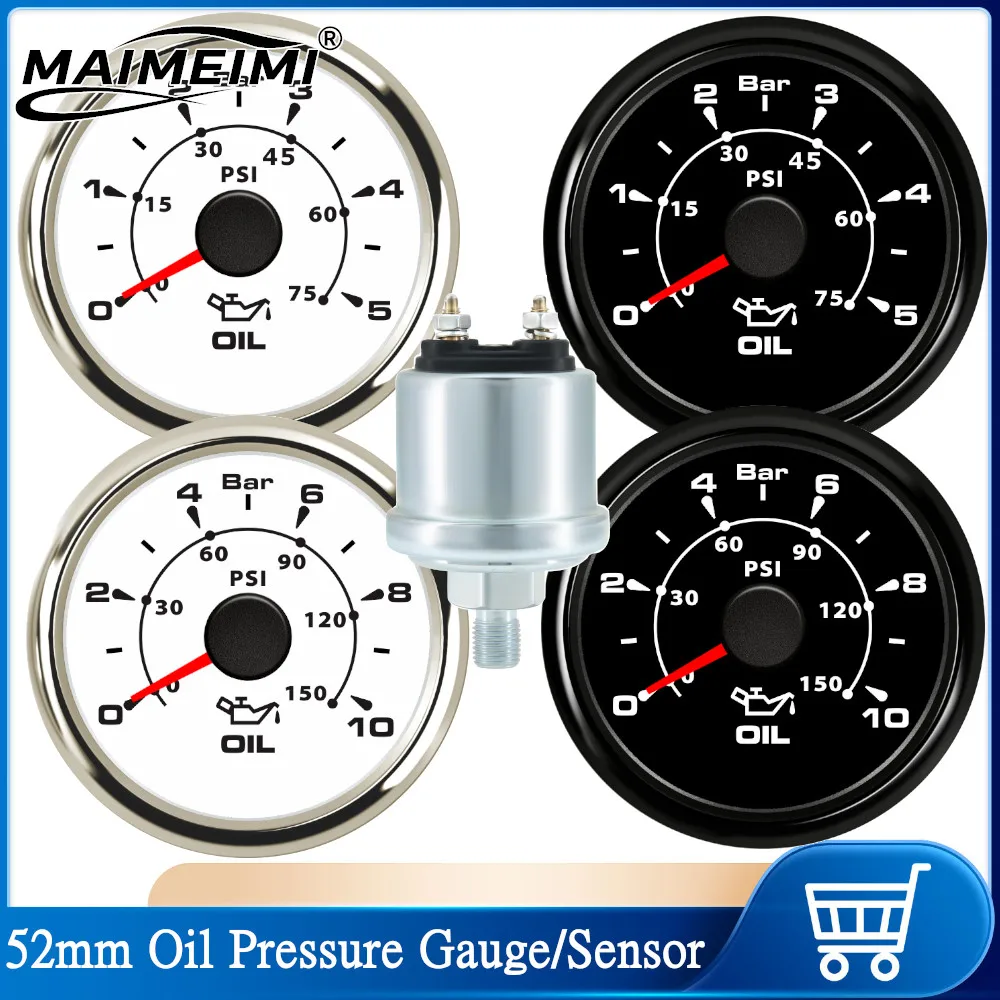 Waterproof Oil Pressure Gauge 52mm 0-5Bar 0-75Psi 0-10bar 0-150Psi 30Bar with 8 Colors Backlight for Car Truck Boat Yacht 9-32V