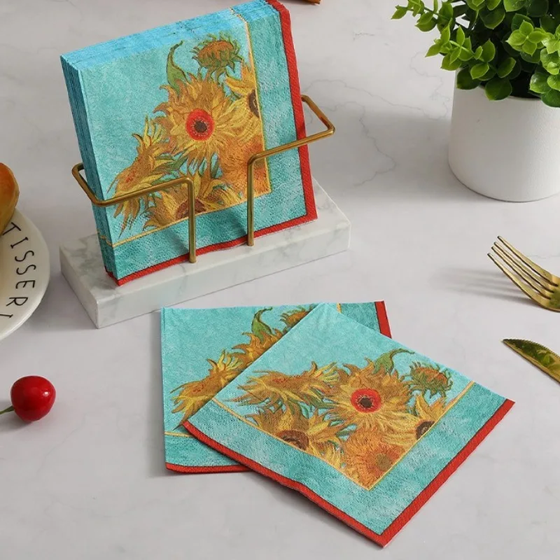 20pcs 33 * 33cm 2Layer Oil Painting Style Sunflower Printed Napkins Party Decoration Disposable Table Mat DIY Decoupage Paper