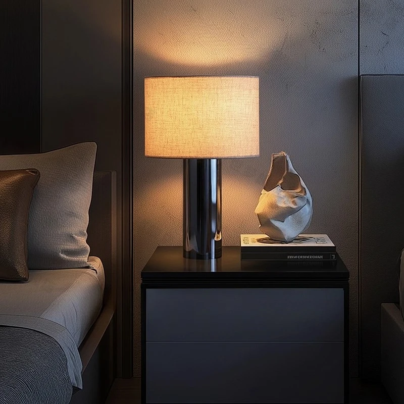 Moden Cylindrical Stainless Steel Base LED Table Lamps White Fabric Lampshade Living Room Restaurant Office Bedroom Desk Lights