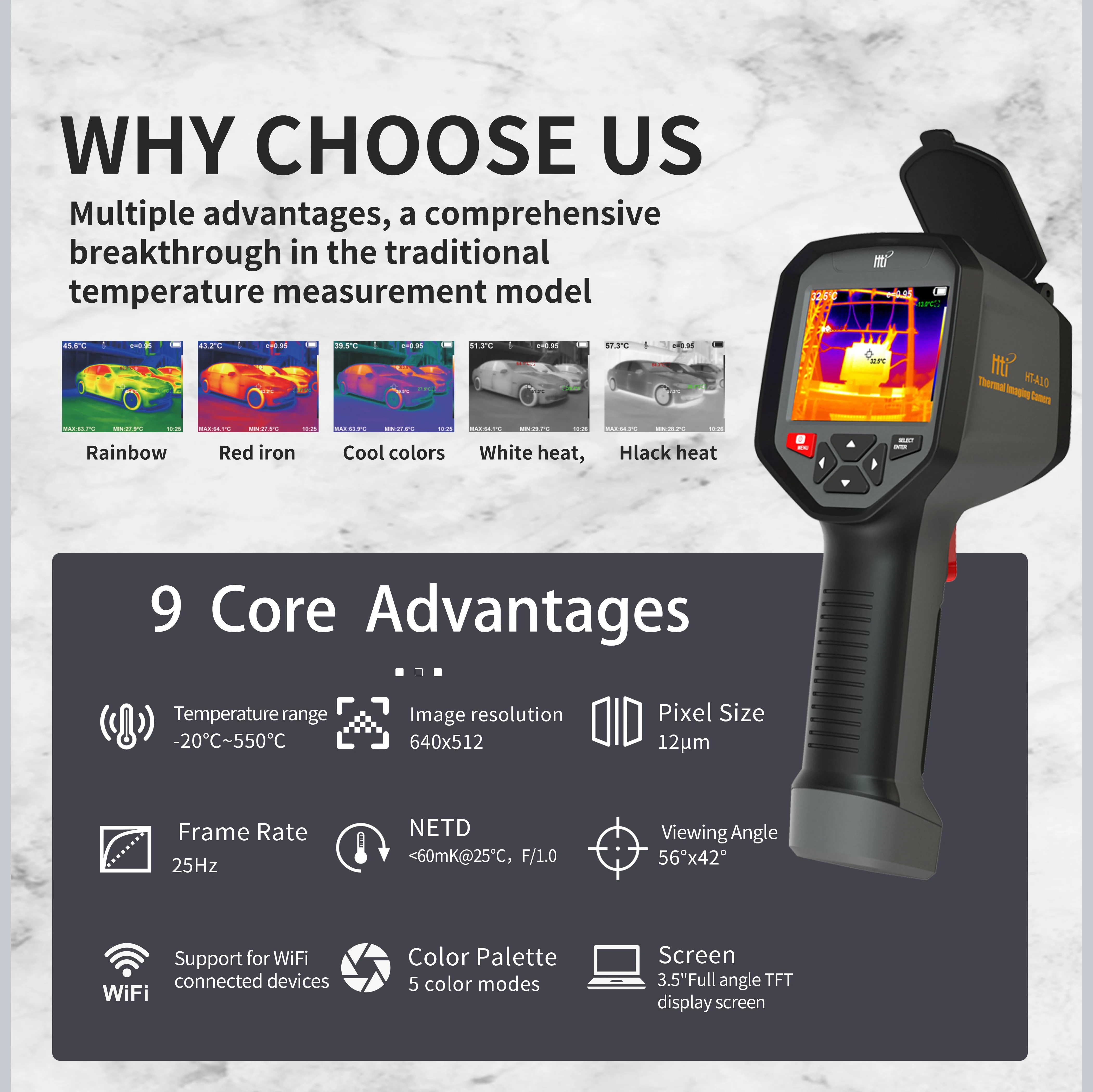 HT-A10 256 * 192 Handheld thermal camera Wifi real-time data transmission 5 color palettes for detection