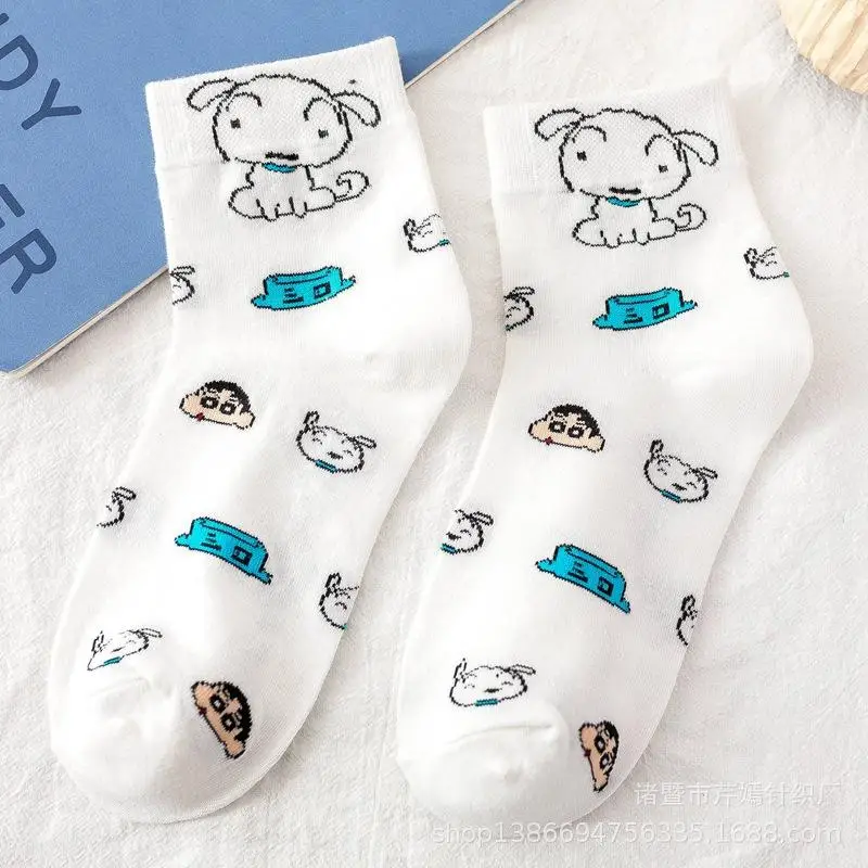 Anime Cartoon Crayon Shin-Chans Socks Pure Cotton White Mid Length Socks Couple Style Ins Cute Girl Birthday Gift For Girlfriend