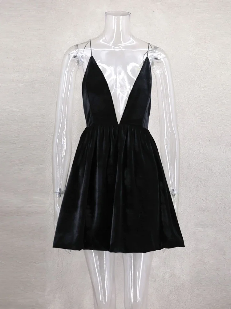 TARUXY Elegant Velvet Suspender Dress Woman Sexy Deep V Neck High Waist Mini Lantern Dress 2025 New Party Spaghetti Strap Dress