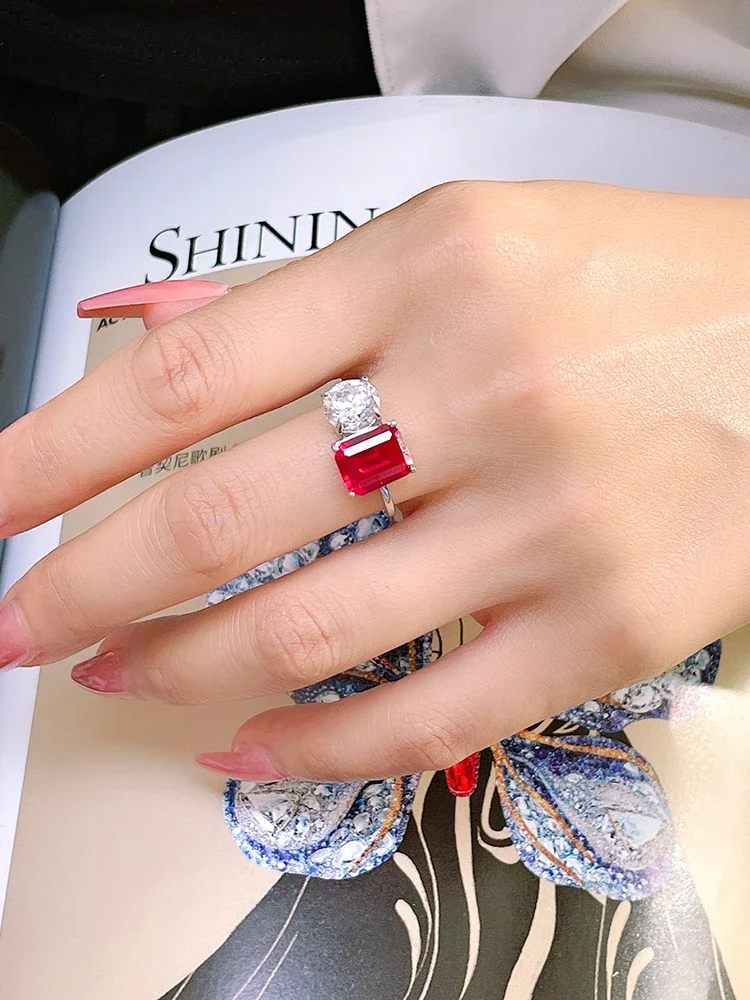 Light Luxury Red Corundum Double Stone 925 Sterling Silver Ring Inlaid with Versatile and Elegant Elegance engagement ring