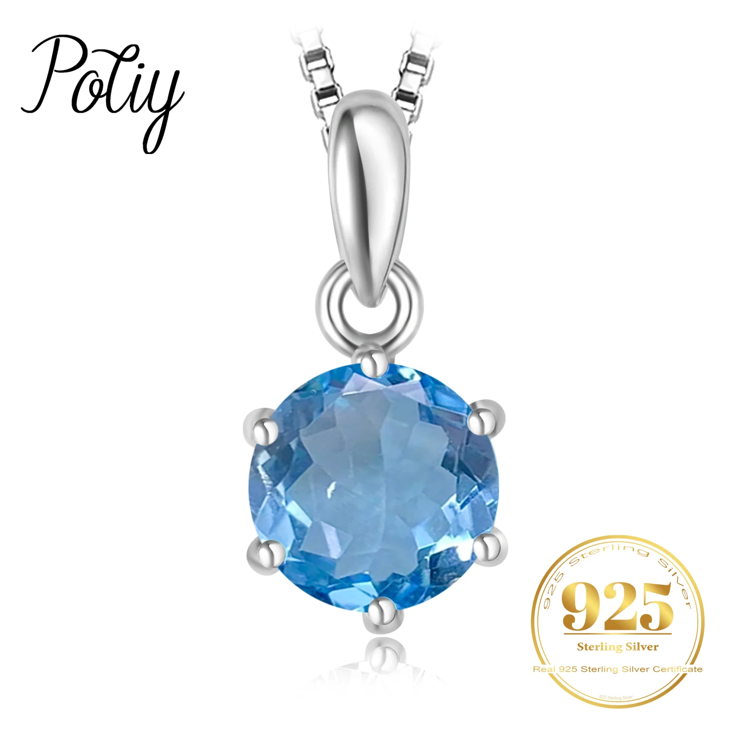 Potiy 0.5ct Round Natural 1ct Swiss Blue Topaz Pendant Necklace No Chain 925 Sterling Silver for Women Daily Birthstones Gift fo