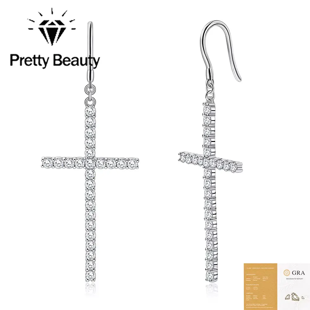 Pretty Beauty Moissanite Cross Dangle Drop Earrings for Women 925 Silver Diamond Pendant Hook Earrings Hypoallergenic Jewelry