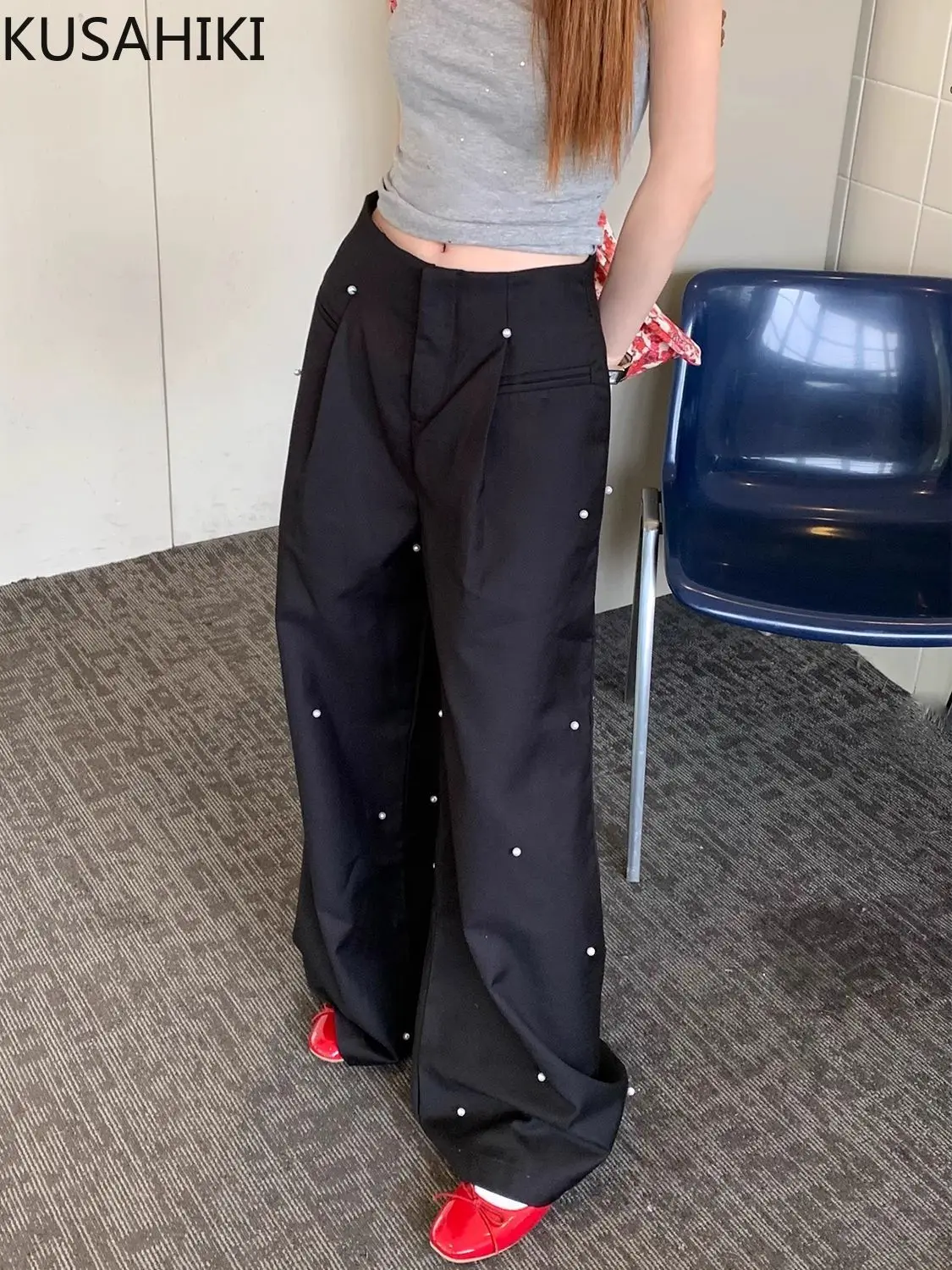 KUSAHIKI Korean Version Pearl Floor Pants for Women Spring 2024 New Straight Leg Wide Leg Pants Casual Long Trousers Pantalon