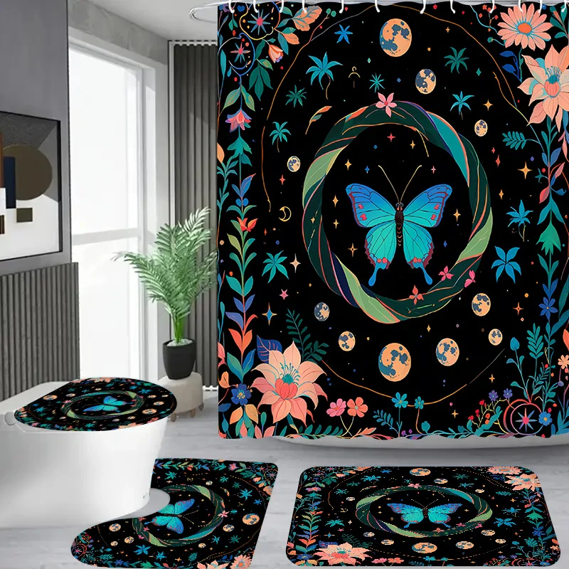 

4 шт. бабочка и цветочный узор, ванная комната в квартире, занавеска для душа в отеле, комплект занавесок для душа в отеле, с 12 крючками, ванная комната