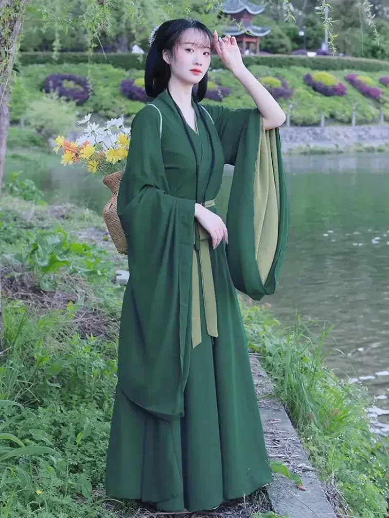 Женский костюм Hanfu с воротником и юбкой до талии, летний костюм в китайском стиле, традиционный костюм с зеленой юбкой феи