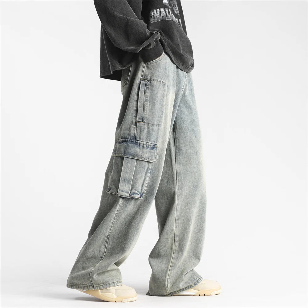 سراويل جينز رجالية جديدة ملابس عمل أمريكية عالية الجودة متعددة الجيوب بنطال جينز على الطراز القديم مغسول فضفاض غير رسمي مستقيم #4