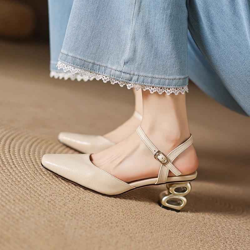 Women's New Summer Genuine Leather Sheepskin Round Toe High Heels with Elastic Toe Band, M ü Ller Shoes, Fashion Sandals